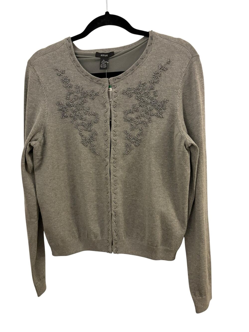 Alfani Beaded Silk Blend Cardigan L Sweater NEW Gray Old Money Classic Lined